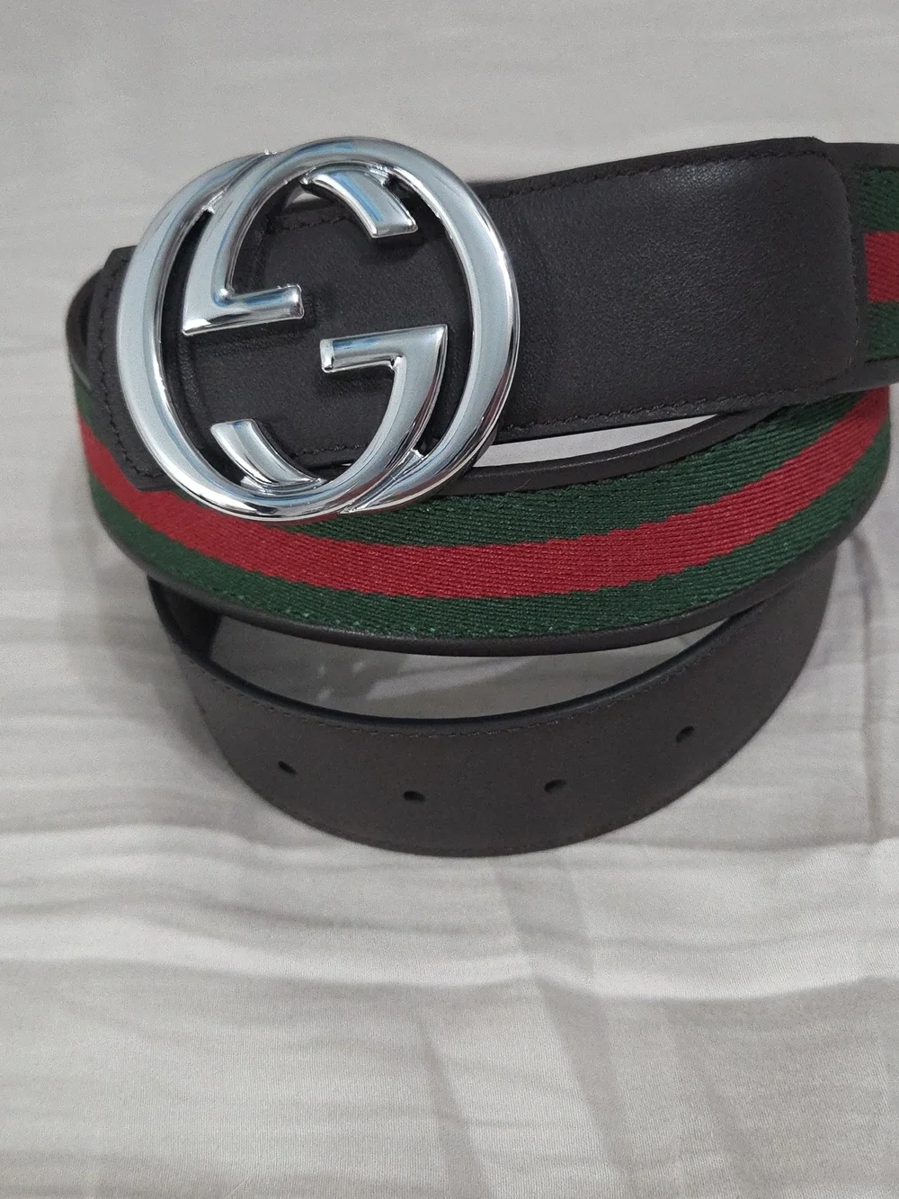 Gucci Green Red Reversible Belt with Silver Double G Buckle